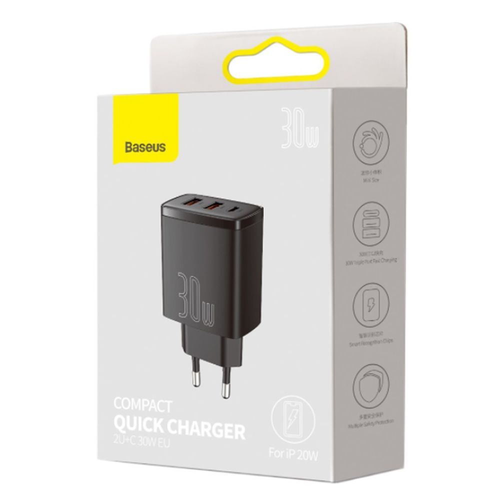 МЗП Baseus Compact Quick Charger 30W (Type-C + 2USB) black