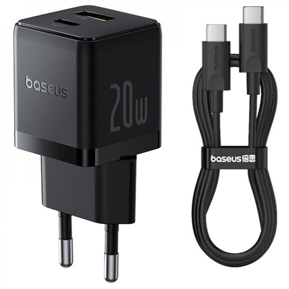 МЗП Baseus Palm Fast Charger 20W (Type-C + USB) 20W + Кабель Type-C to Type-C 60W (1m) black