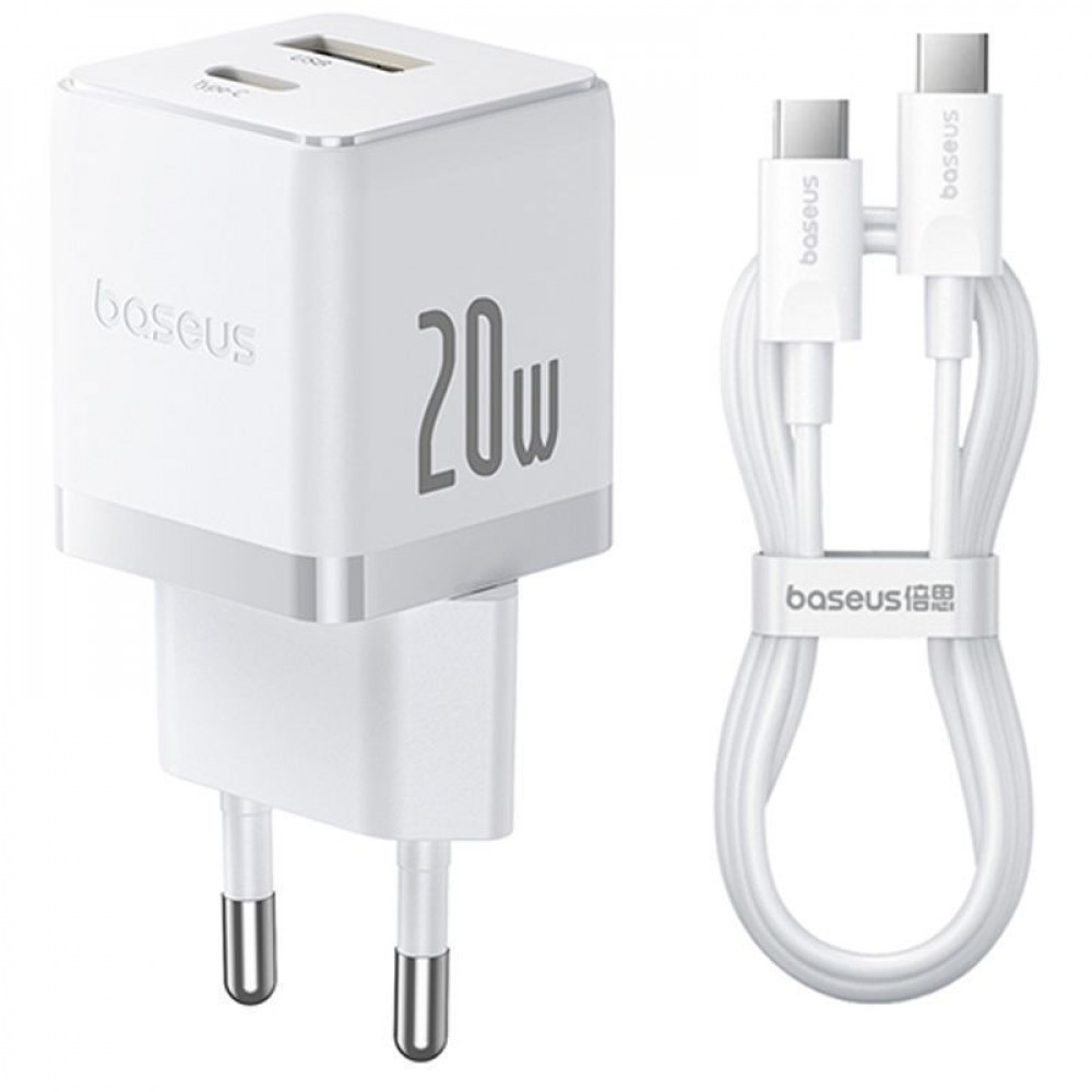 МЗП Baseus Palm Fast Charger 20W (Type-C + USB) 20W + Кабель Type-C to Type-C 60W (1m) white
