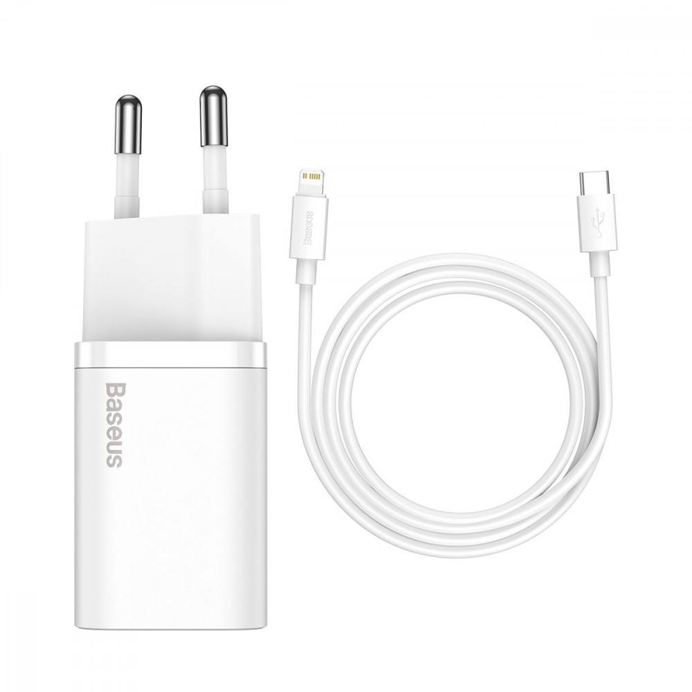 МЗП Baseus Super Silicone Quick Charger 20W (Type-C) + Кабель Type-C to Lightning white