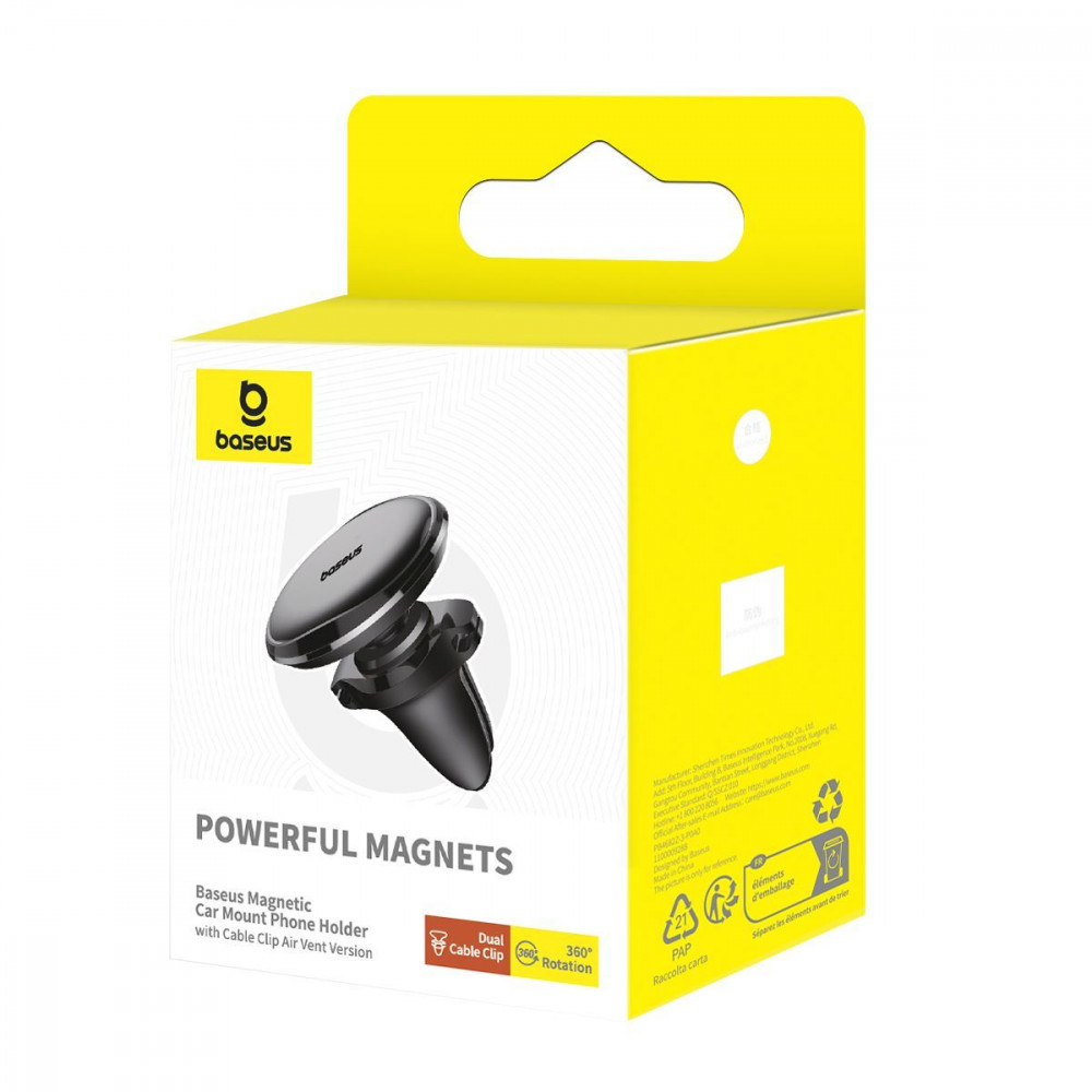 Автомобільний тримач Baseus Magnetic Car Mount with Cable Clip Air Vent Version black